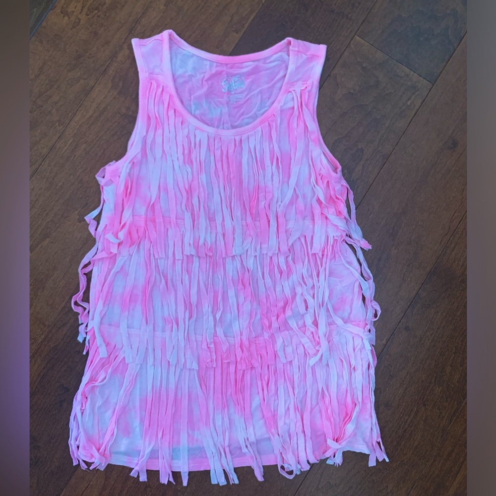 Super fun, fringe, pink tie-dye Justice top! Perfect condition! Girls size 12!